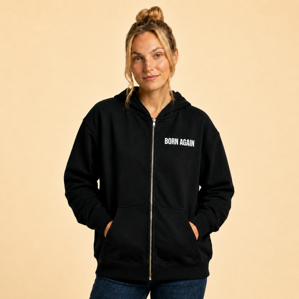 WOMEN'S BORN AGAIN FULL ZIP HOODIE | WHITE PRINT Thumbnail
