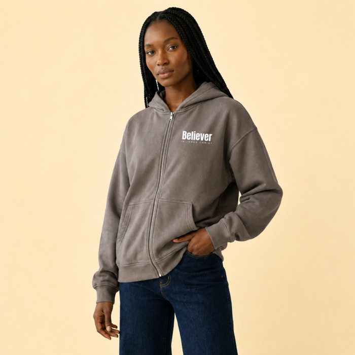 WOMEN'S BELIEVER FULL ZIP HOODIE | WHITE PRINT Thumbnail